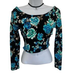 ❤️‍🔥4/$25 Coqueta Women’s Floral Long Sleeve Cropped Top Black Blue Large